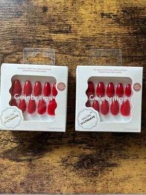Celebritips Red Press On Nails Bundle Short Almond Glossy 2 Pack NWT